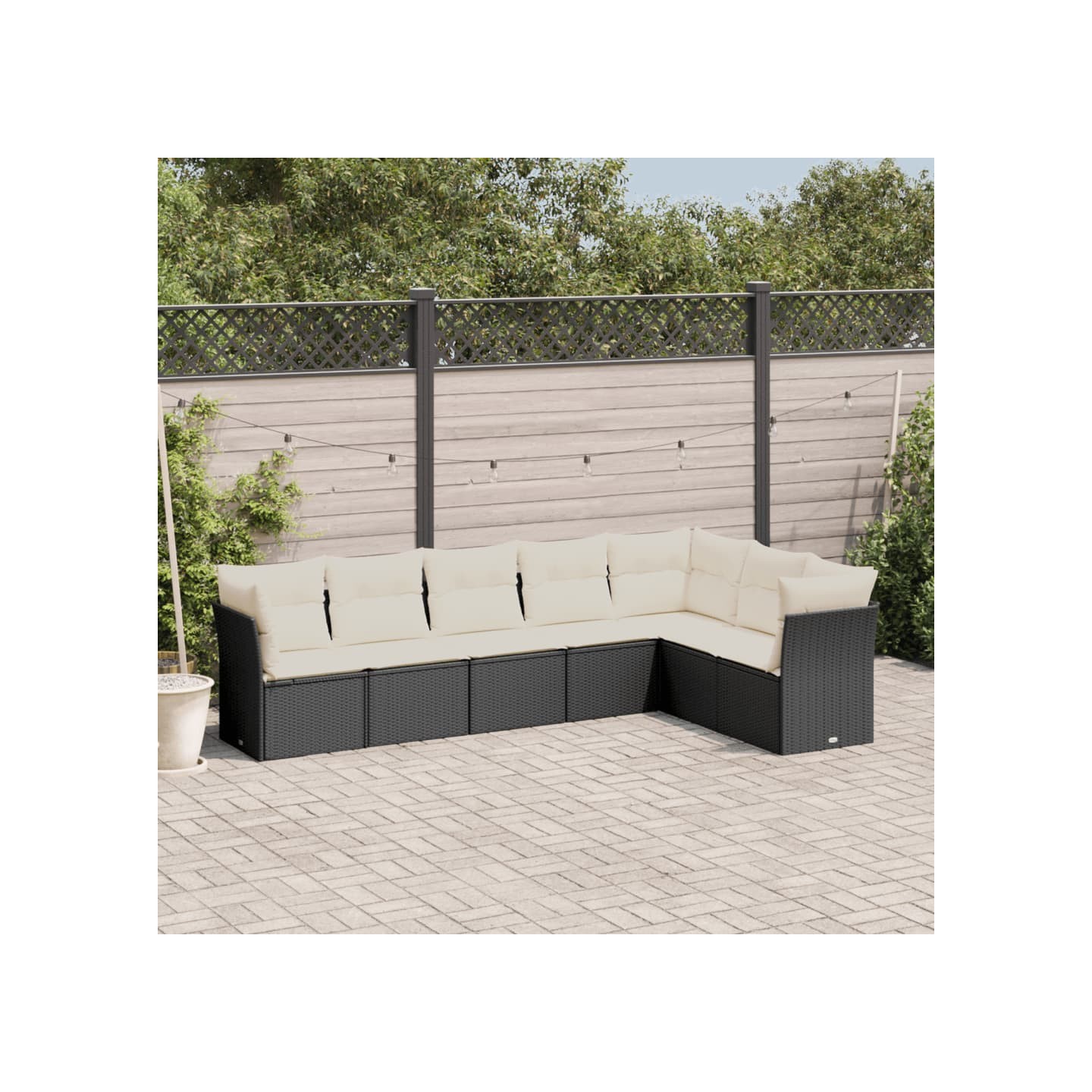 Salon de jardin 7 pcs avec coussins noir résine tressée