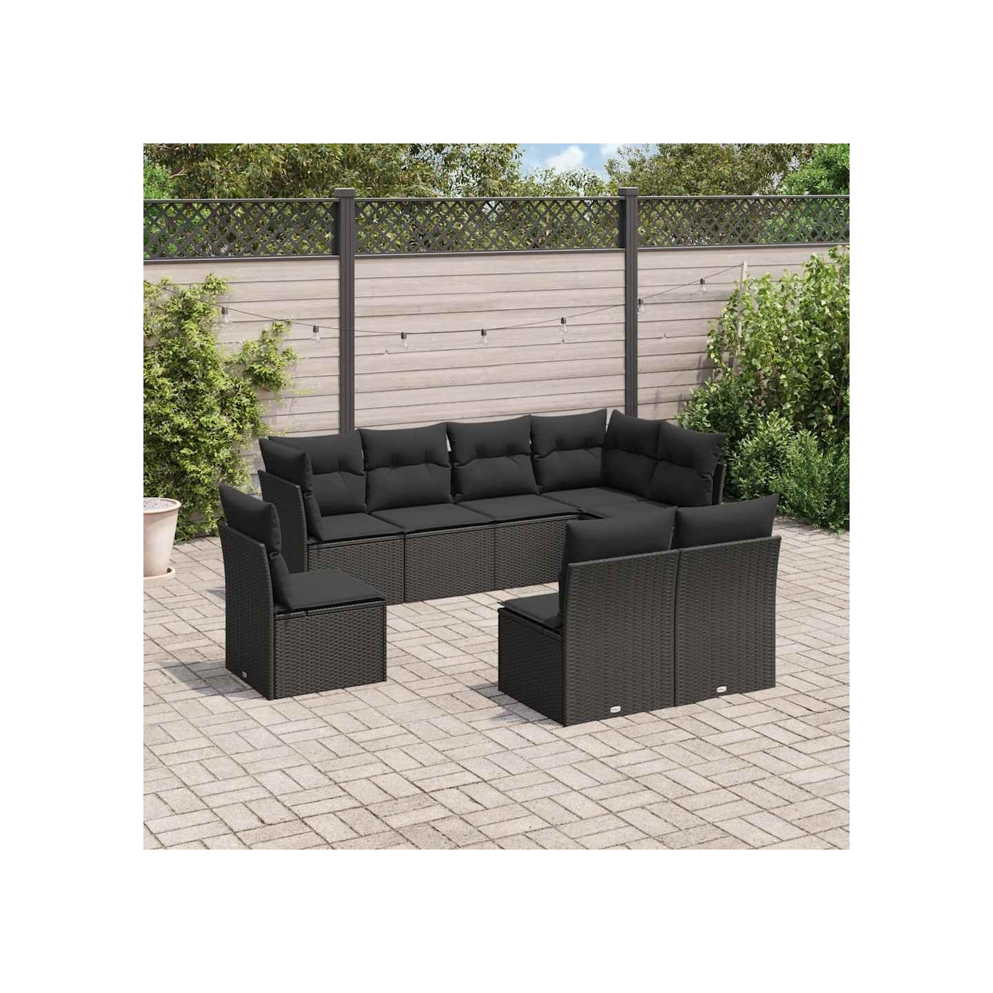 Salon de jardin 8 pcs avec coussins noir résine tressée