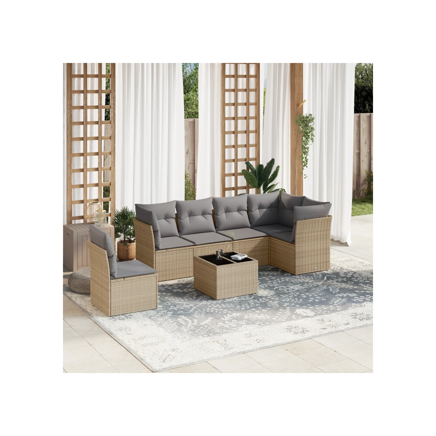 Salon de jardin avec coussins 7 pcs beige résine tressée
