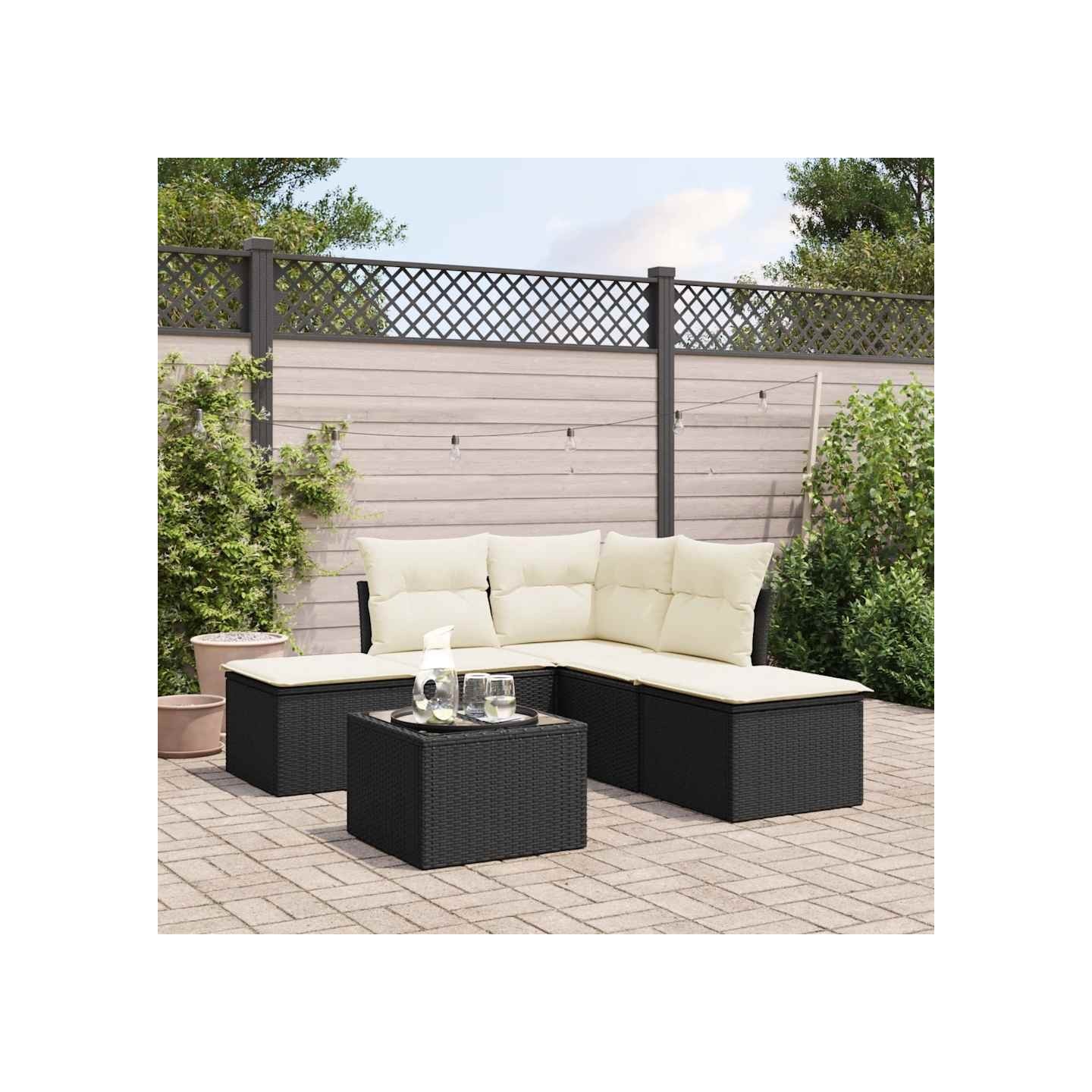 Salon de jardin 6 pcs avec coussins noir résine tressée