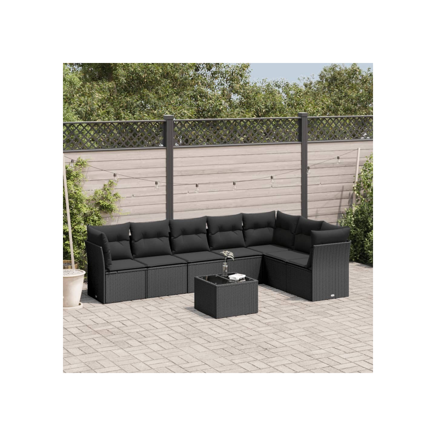 Salon de jardin 8 pcs avec coussins noir résine tressée