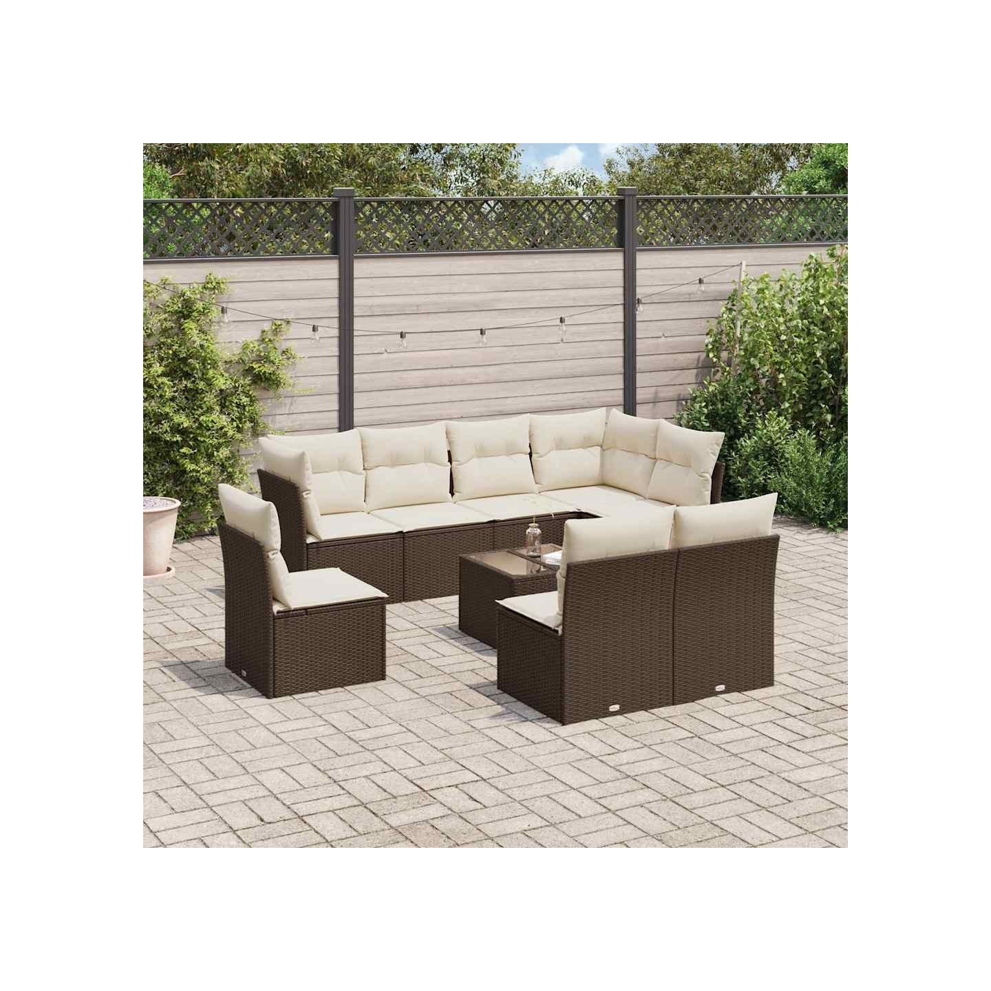 Salon de jardin avec coussins 9 pcs marron résine tressée