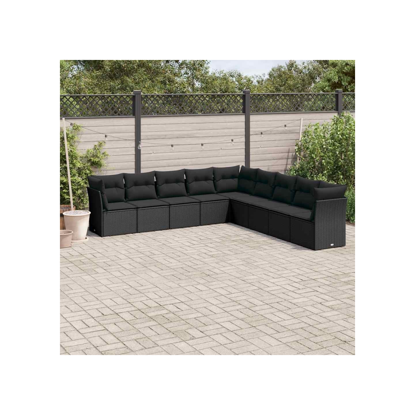Salon de jardin 9 pcs avec coussins noir résine tressée