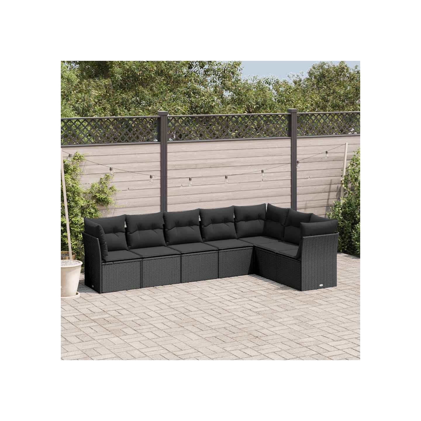 Salon de jardin 7 pcs avec coussins noir résine tressée