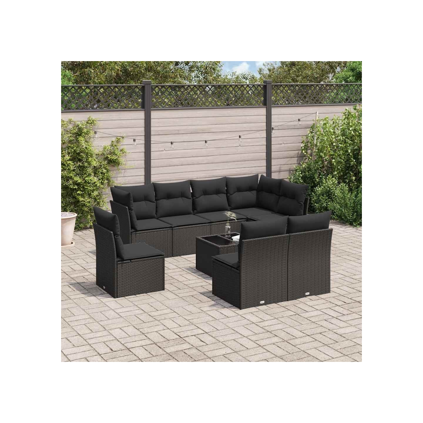Salon de jardin 9 pcs avec coussins noir résine tressée