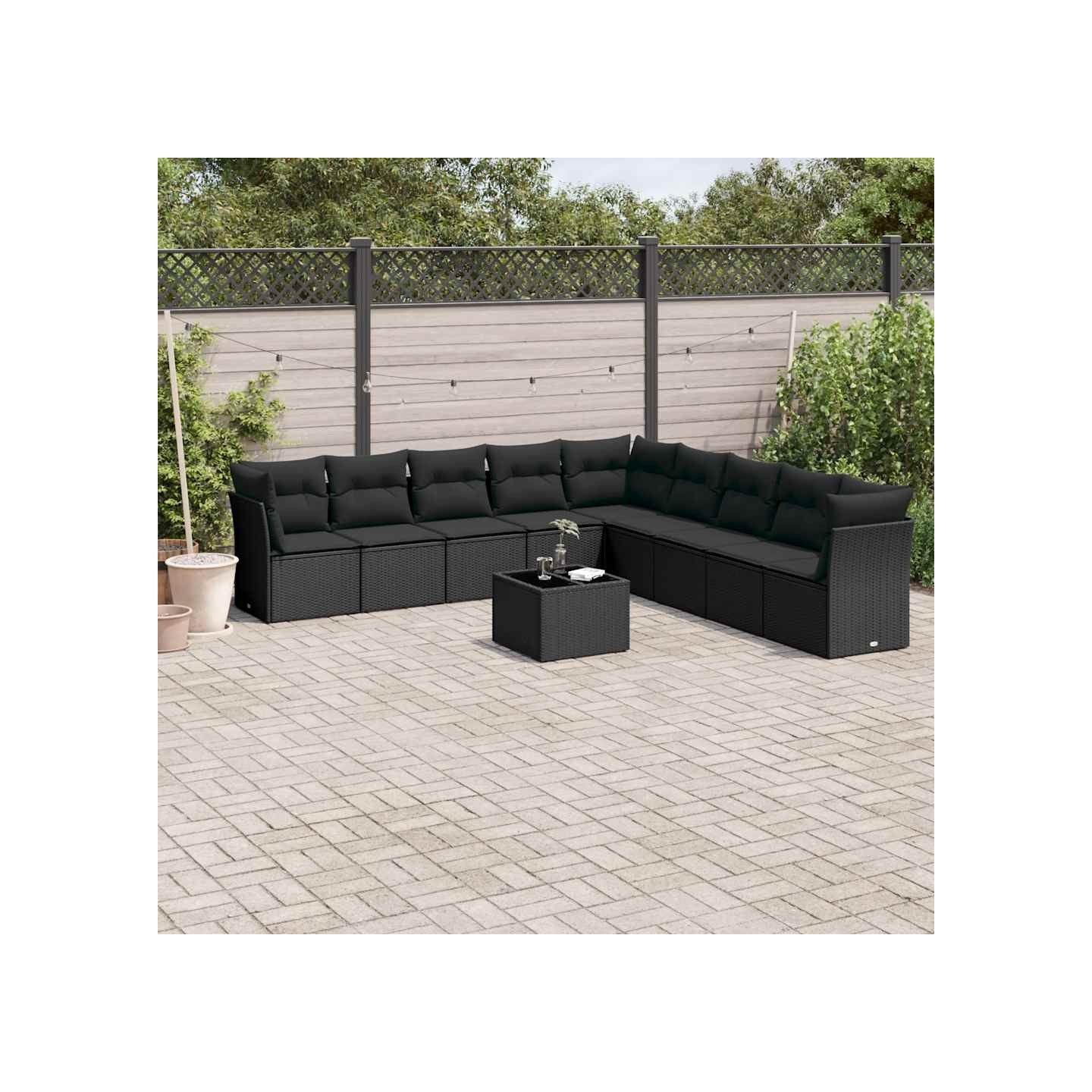 Salon de jardin 10 pcs avec coussins noir résine tressée