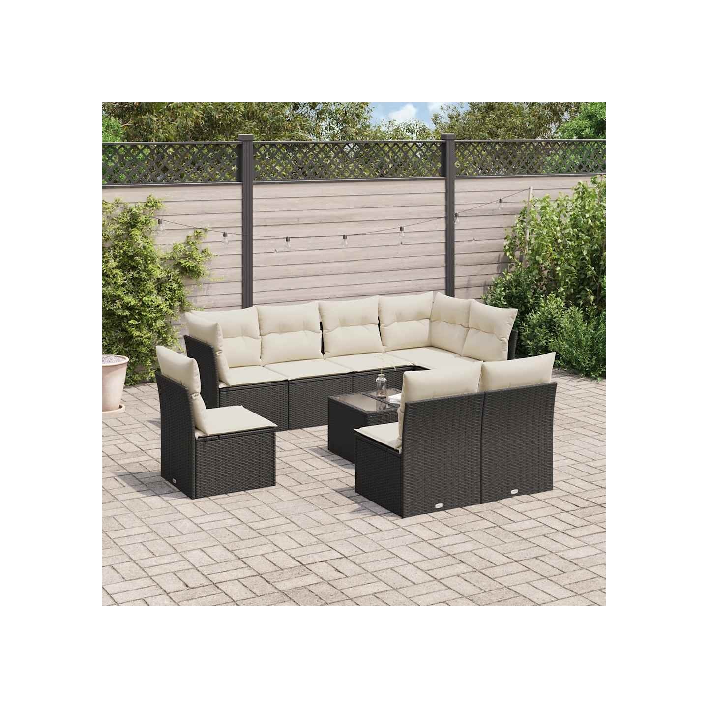 Salon de jardin 9 pcs avec coussins noir résine tressée