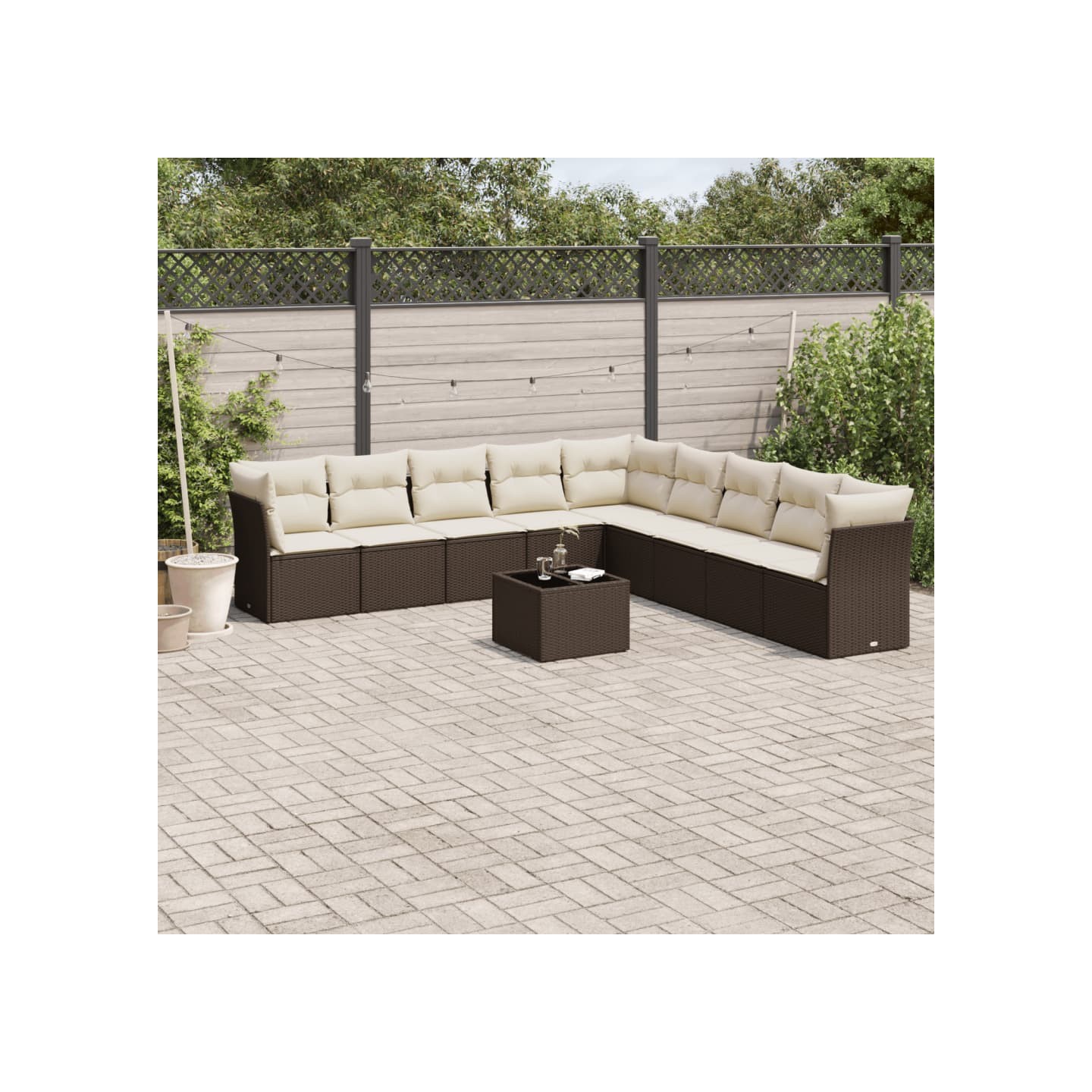 Salon de jardin 10 pcs avec coussins marron résine tressée