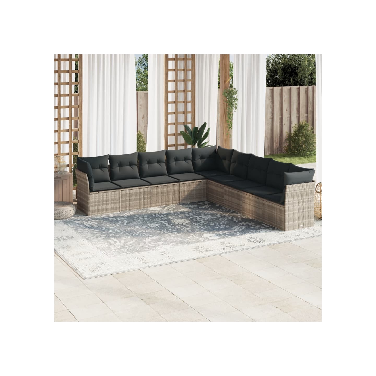 Salon de jardin 9 pcs avec coussins gris clair résine tressée