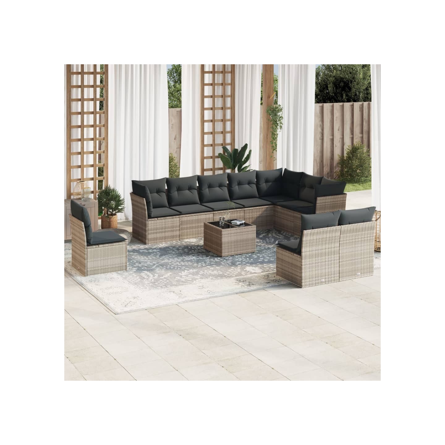 Salon de jardin 11 pcs avec coussins gris clair résine tressée