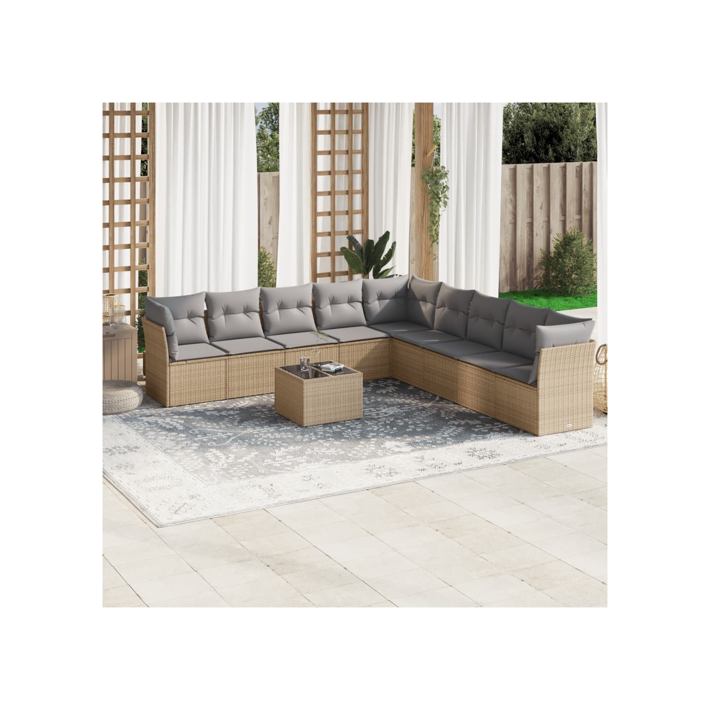 Salon de jardin avec coussins 10 pcs beige résine tressée