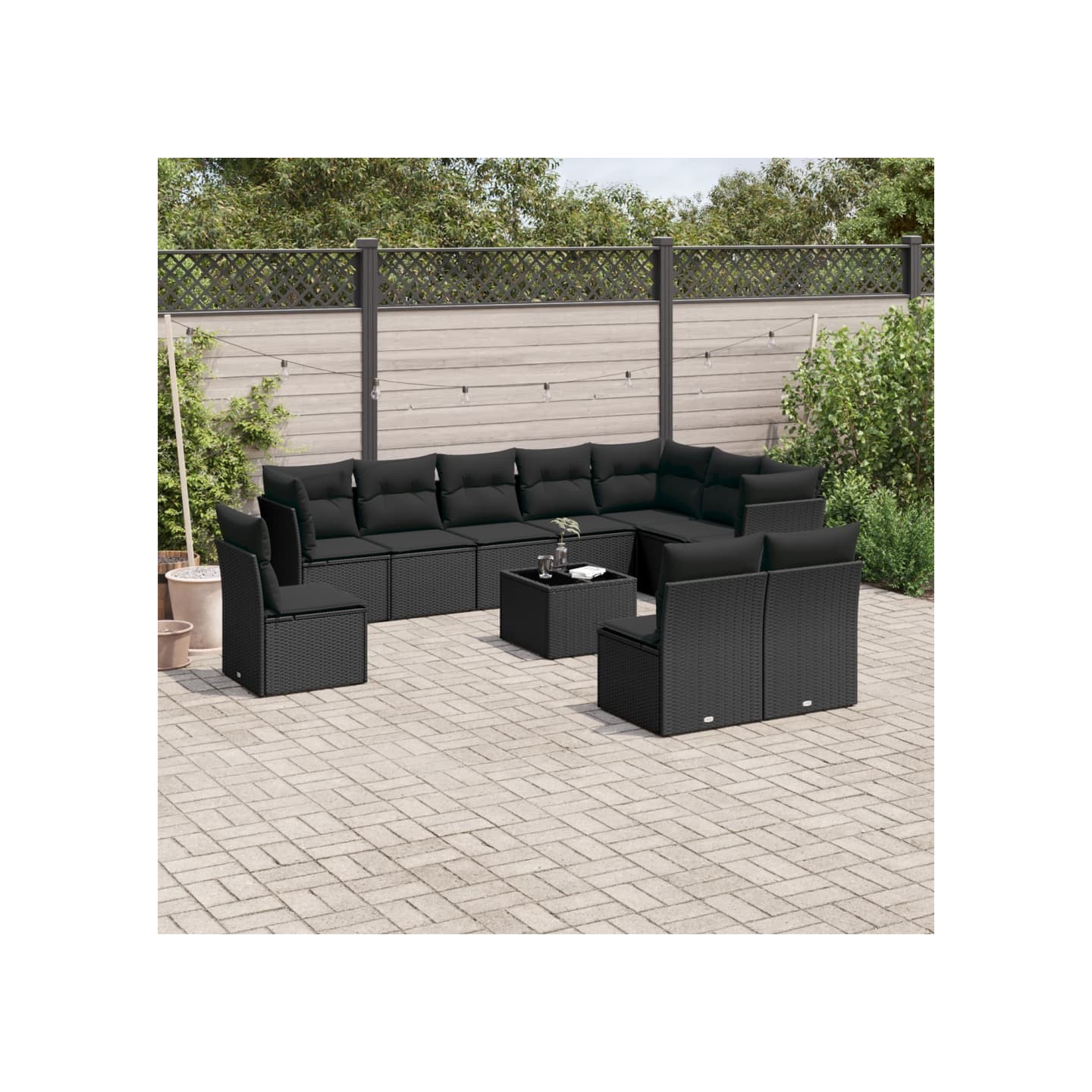 Salon de jardin 11 pcs avec coussins noir résine tressée