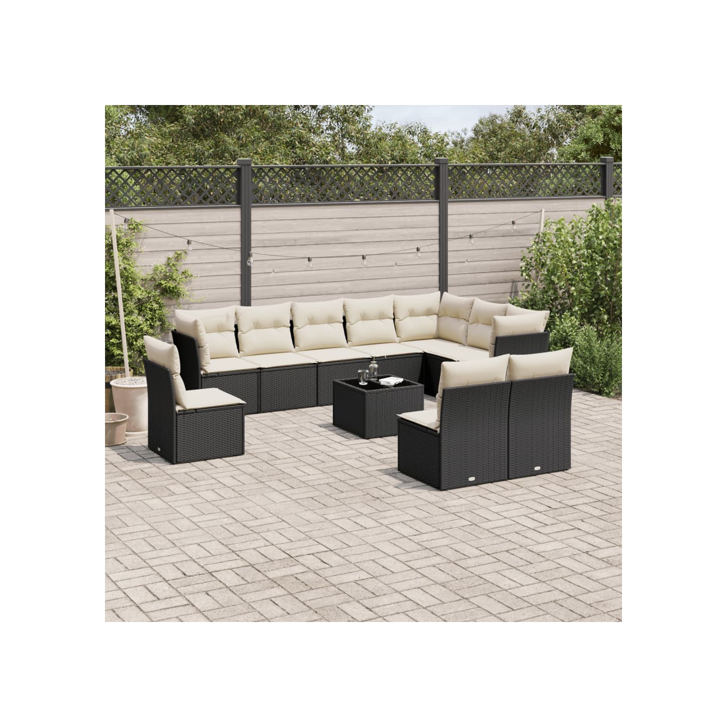 Salon de jardin 11 pcs avec coussins noir résine tressée