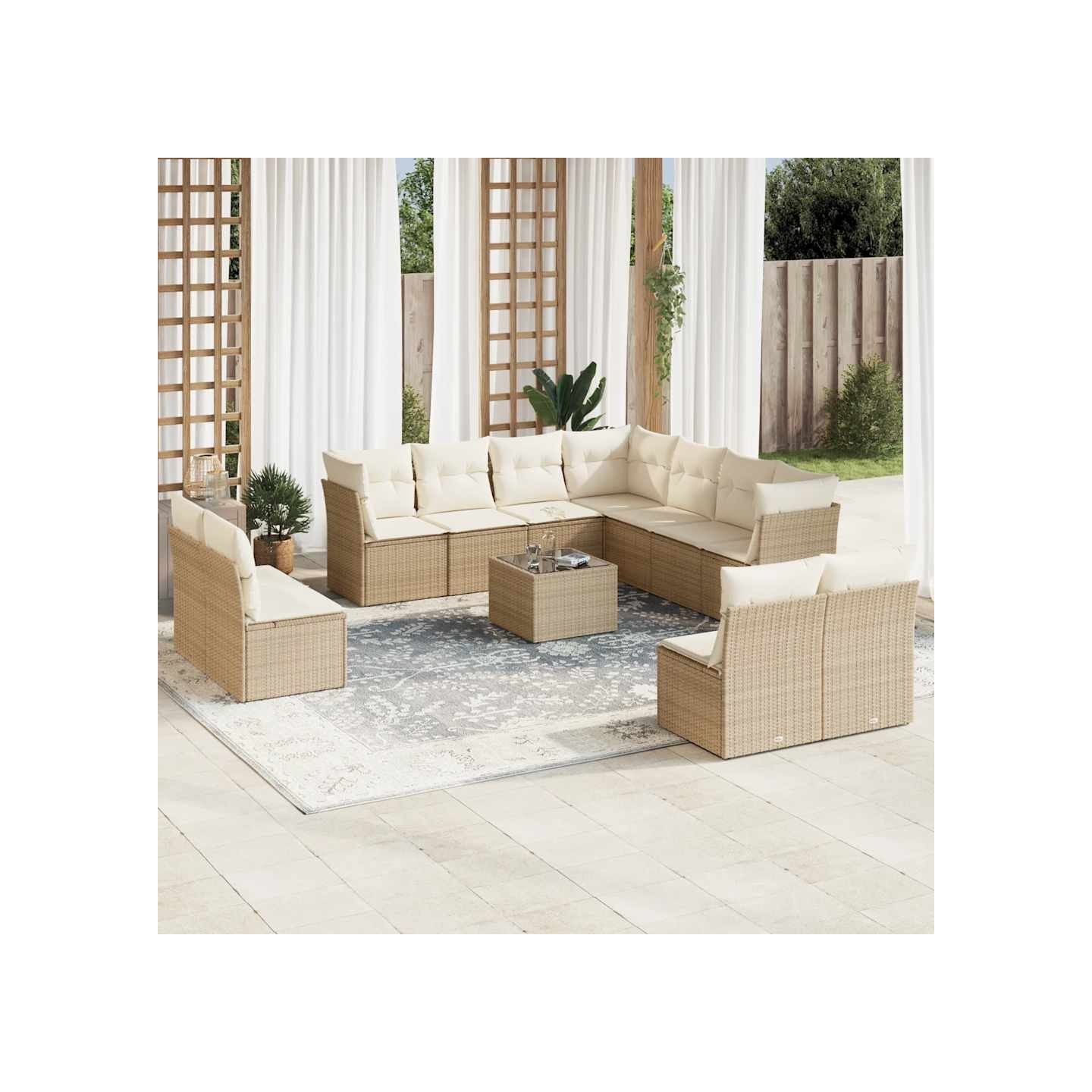 Salon de jardin avec coussins 12 pcs beige résine tressée