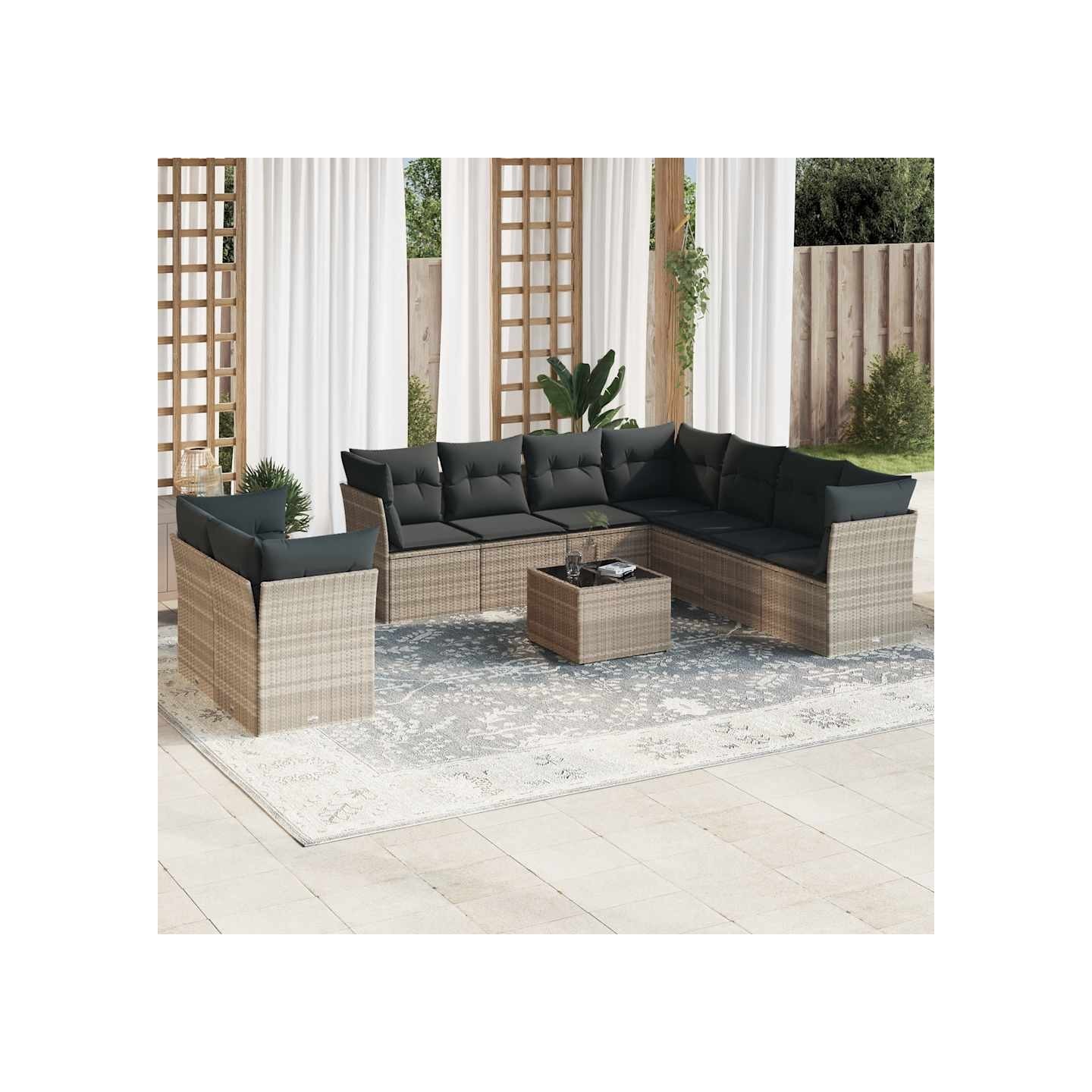 Salon de jardin avec coussins 10 pcs gris clair résine tressée