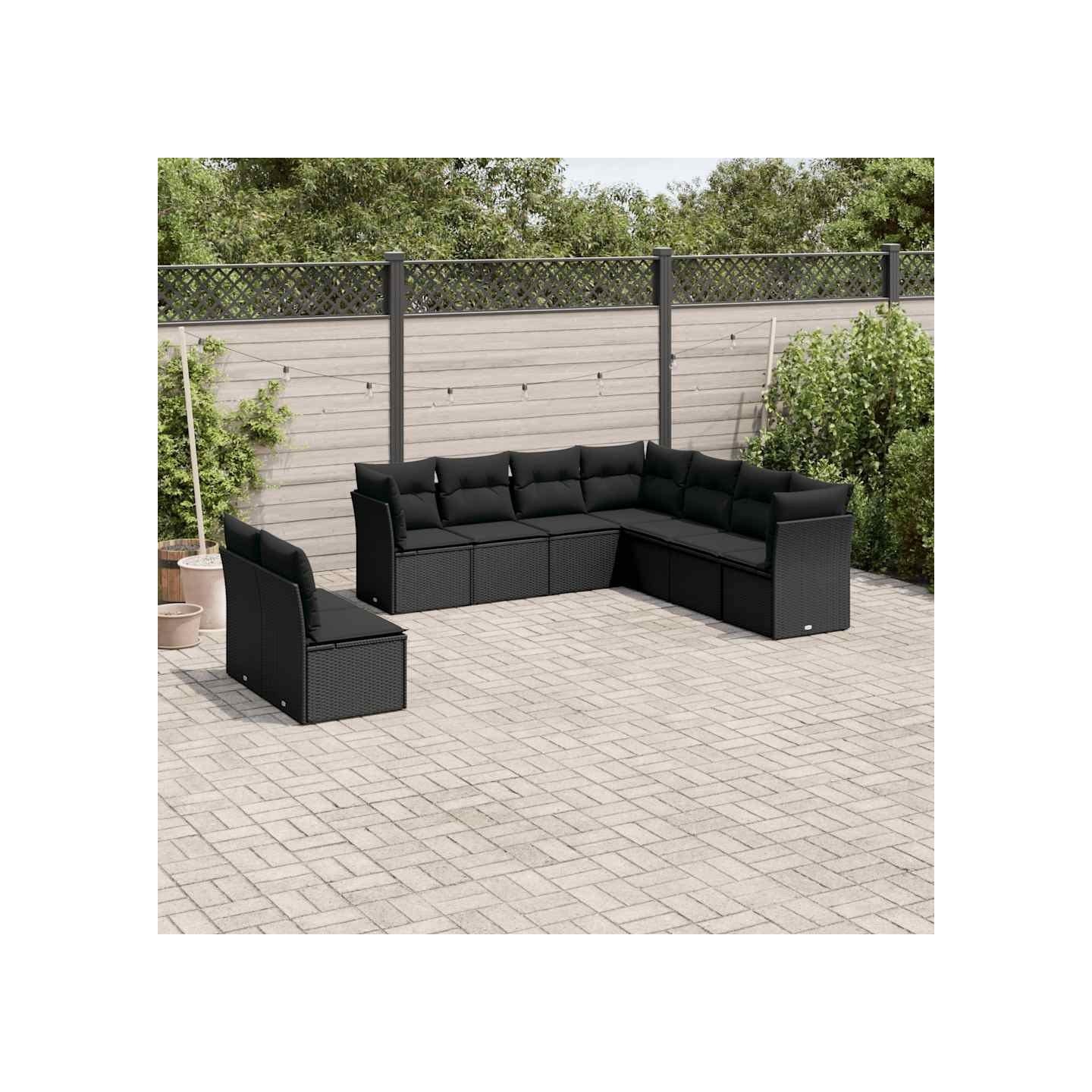 Salon de jardin 9 pcs avec coussins noir résine tressée