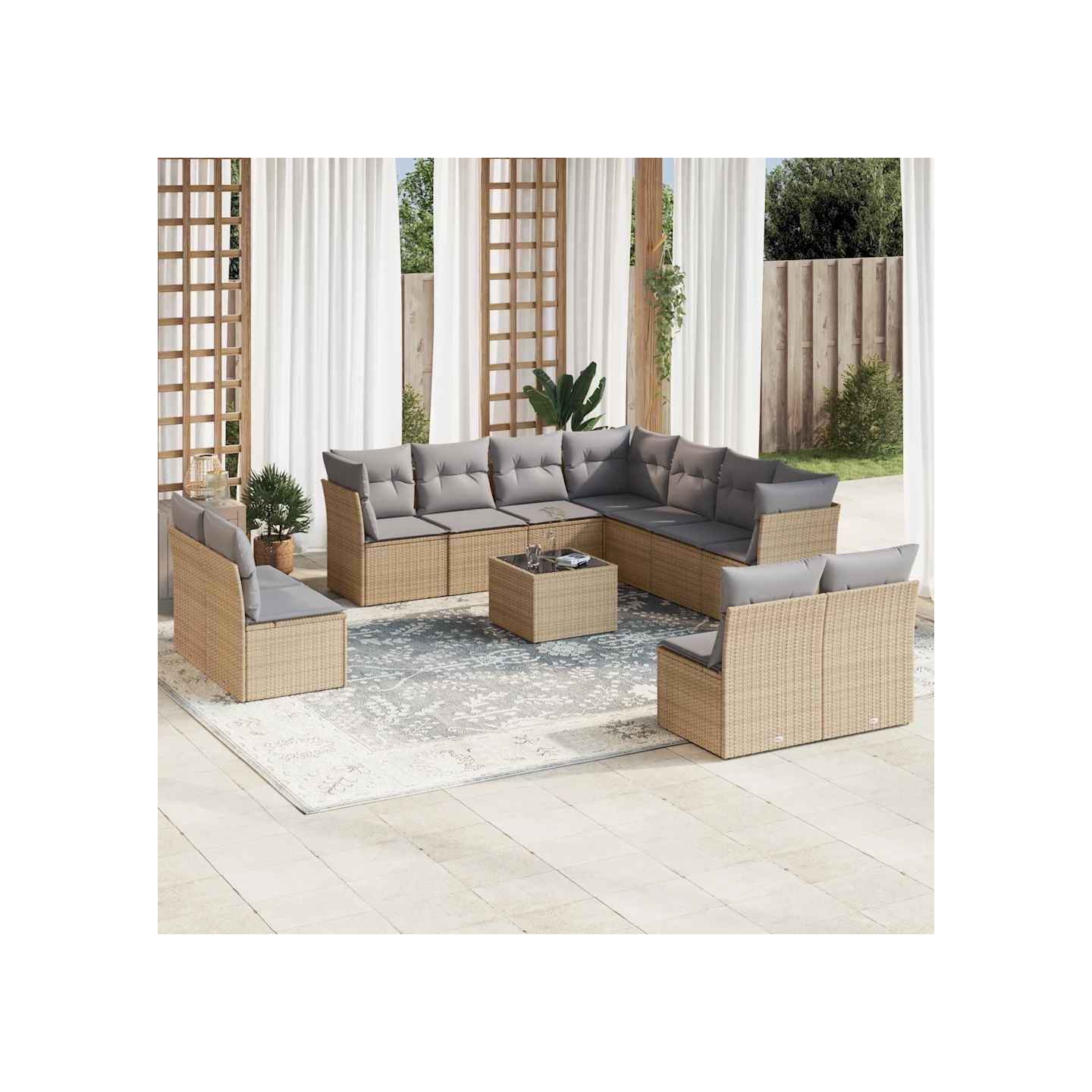 Salon de jardin avec coussins 12 pcs beige résine tressée