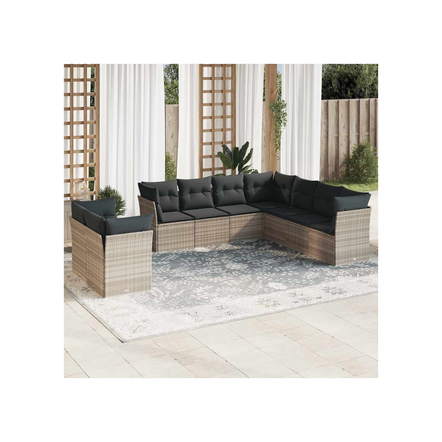 Salon de jardin 9 pcs avec coussins gris clair résine tressée