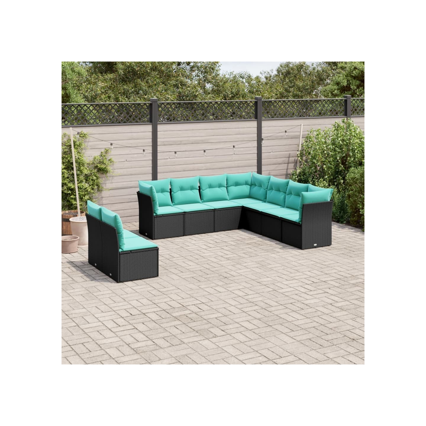 Salon de jardin 9 pcs avec coussins noir résine tressée