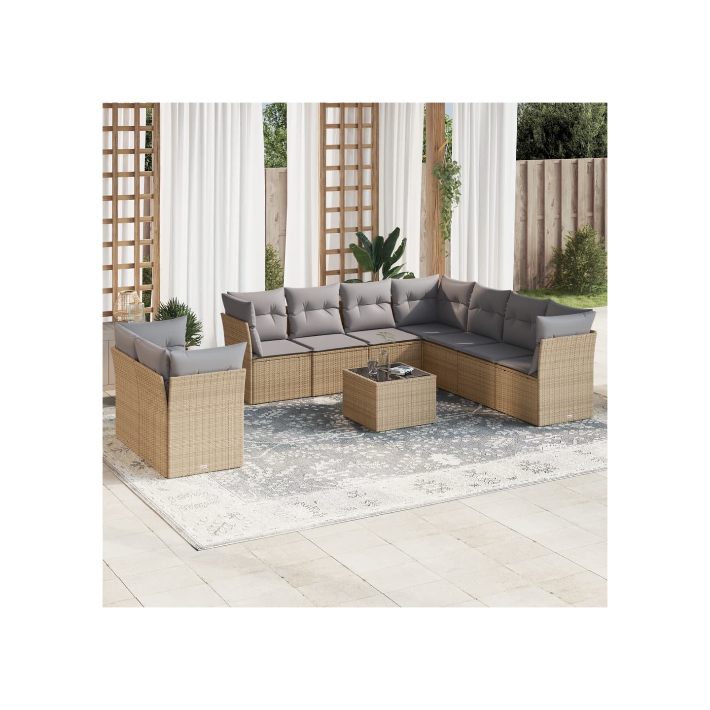 Salon de jardin avec coussins 10 pcs beige résine tressée
