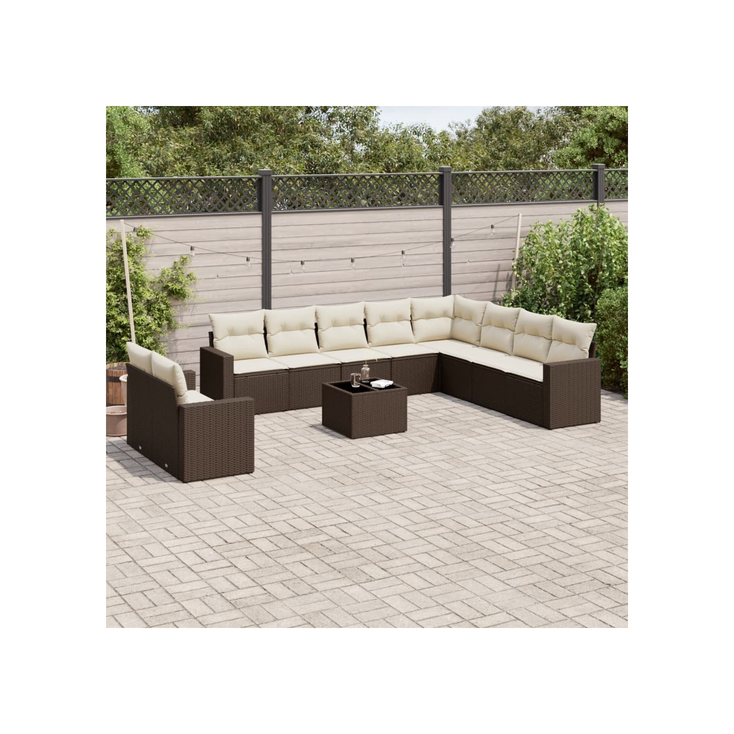 Salon de jardin et coussins 11 pcs marron résine tressée
