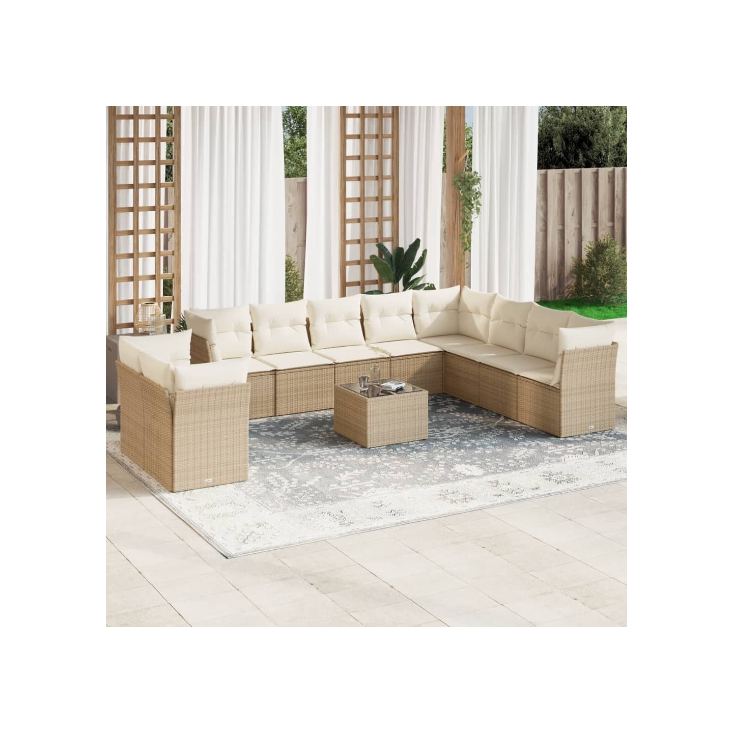 Salon de jardin 11 pcs avec coussins beige résine tressée