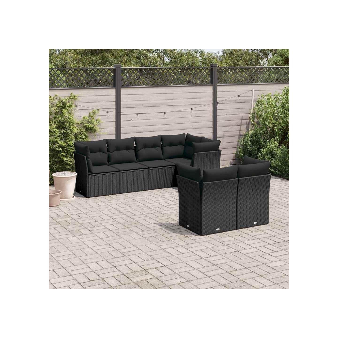 Salon de jardin 7 pcs avec coussins noir résine tressée