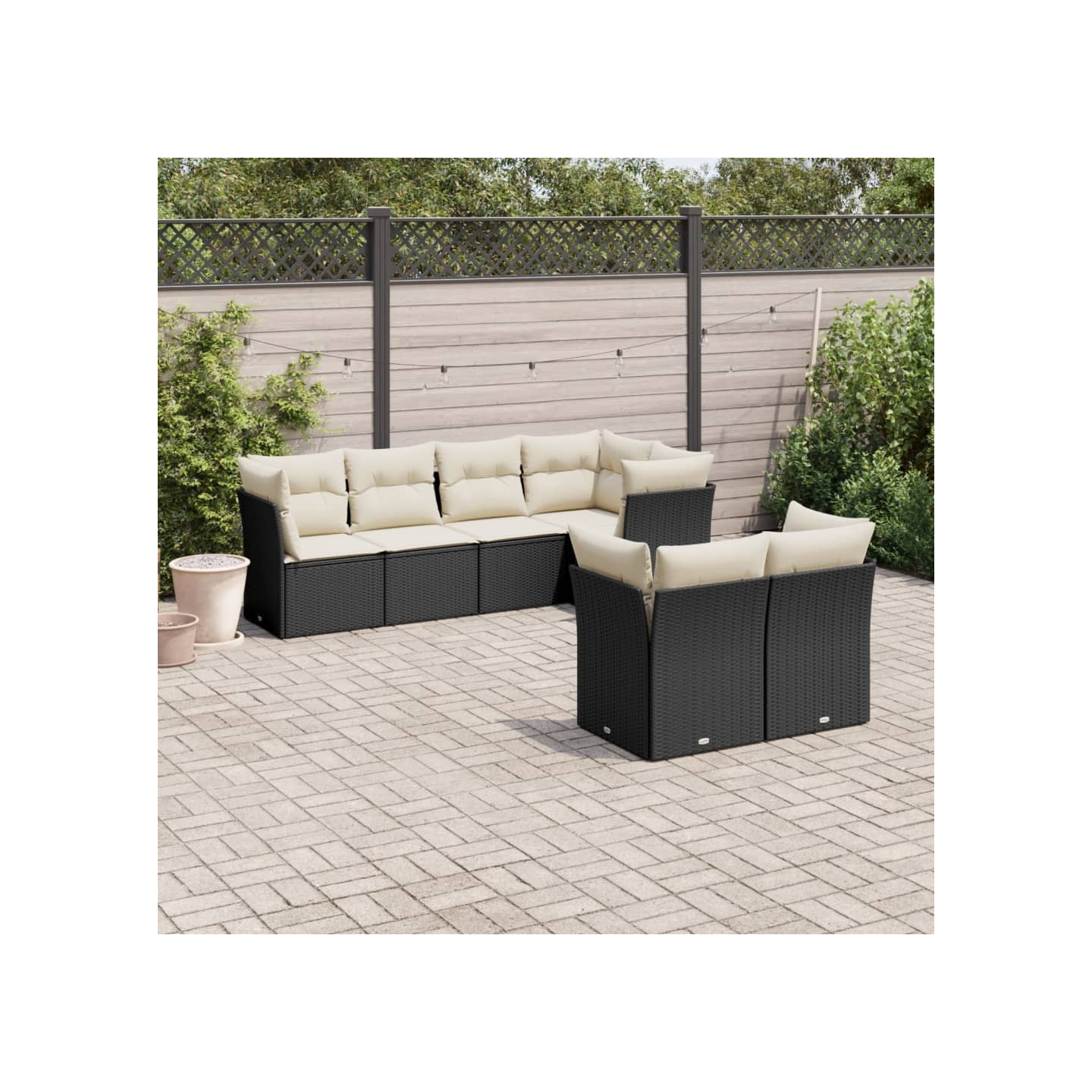 Salon de jardin 7 pcs avec coussins noir résine tressée