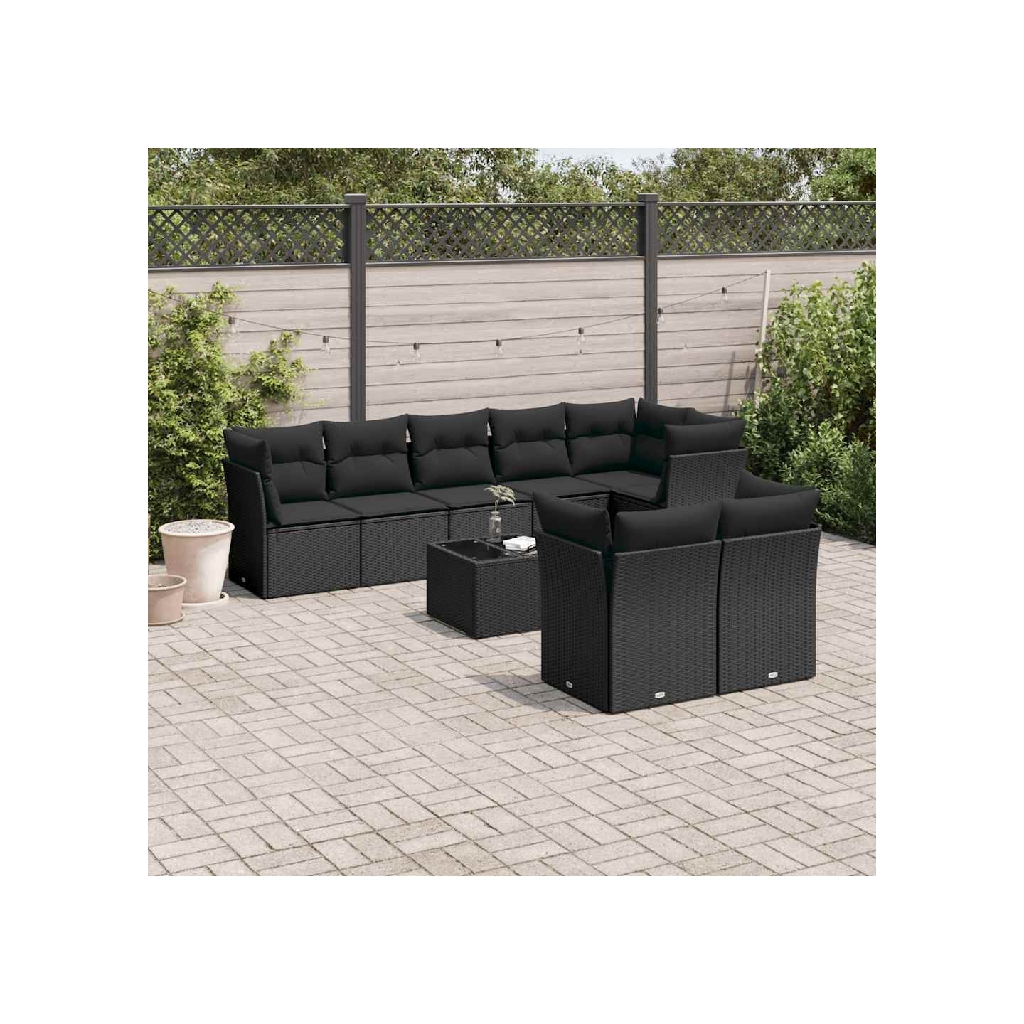 Salon de jardin 9 pcs avec coussins noir résine tressée