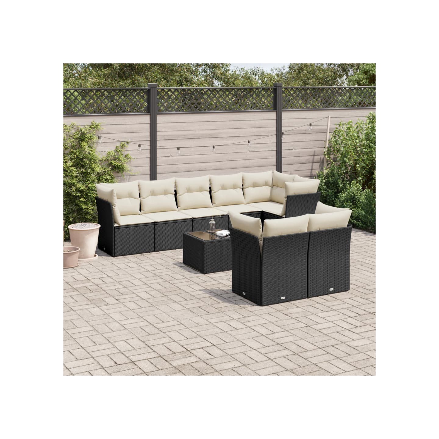 Salon de jardin 9 pcs avec coussins noir résine tressée