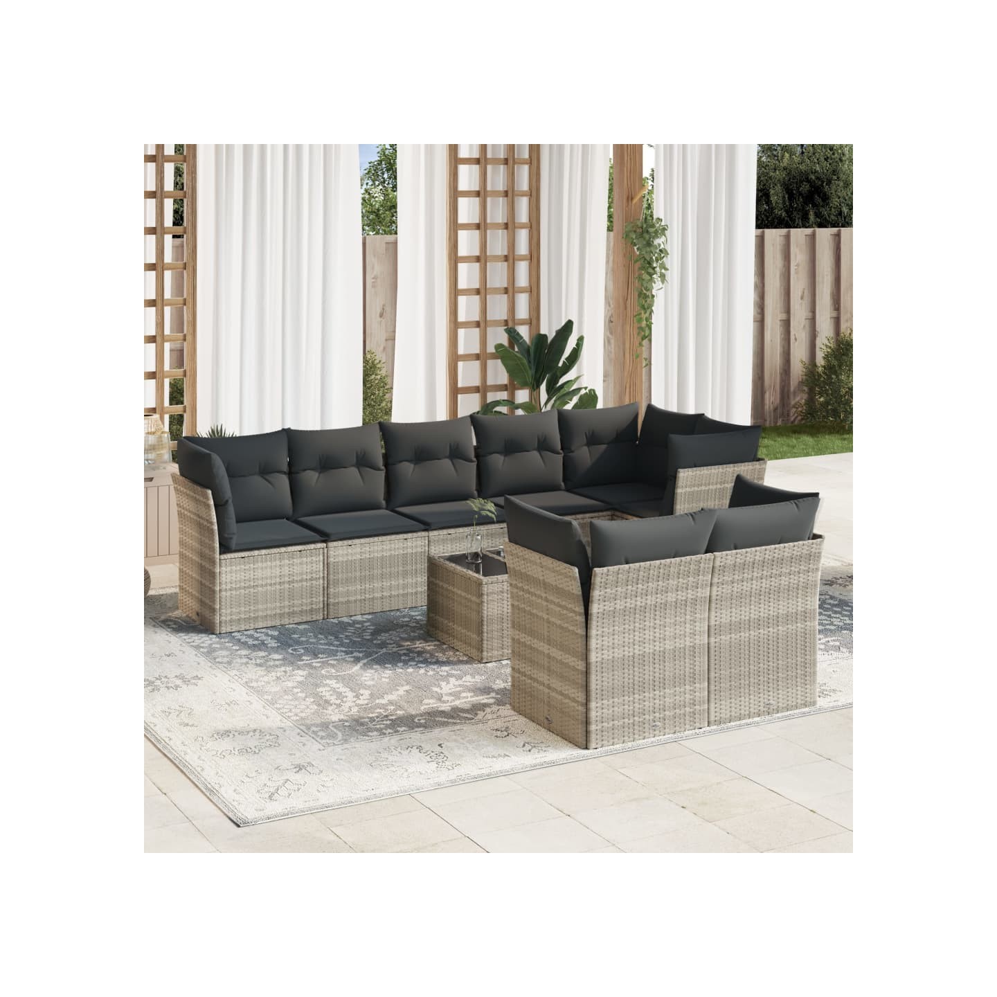 Salon de jardin 9 pcs avec coussins gris clair résine tressée