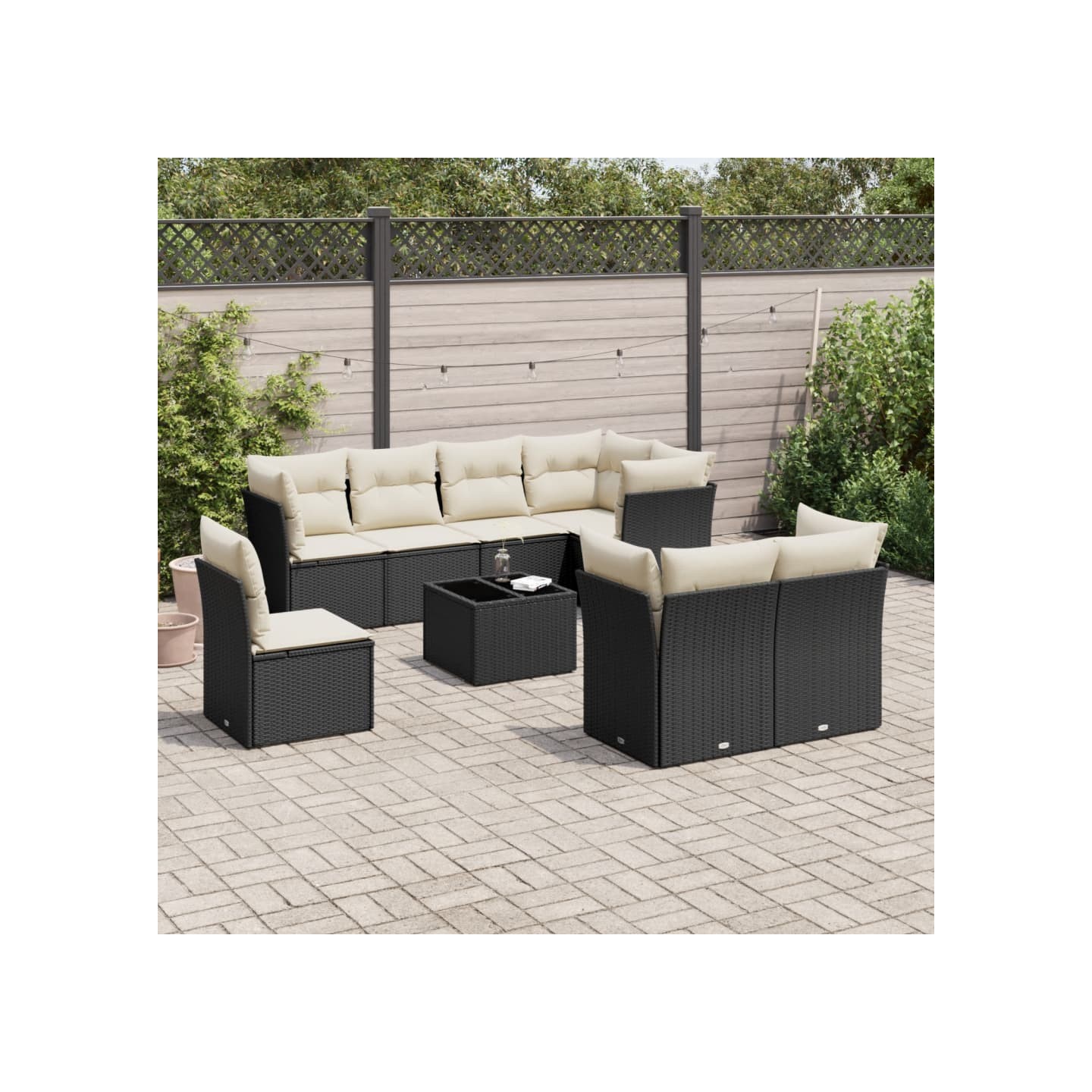 Salon de jardin 9 pcs avec coussins noir résine tressée