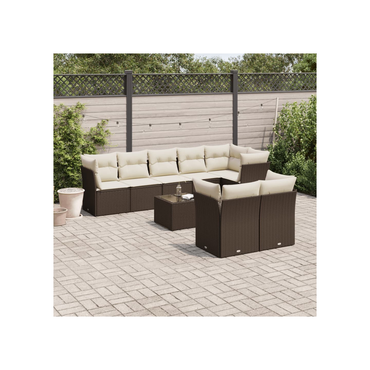 Salon de jardin avec coussins 9 pcs marron résine tressée