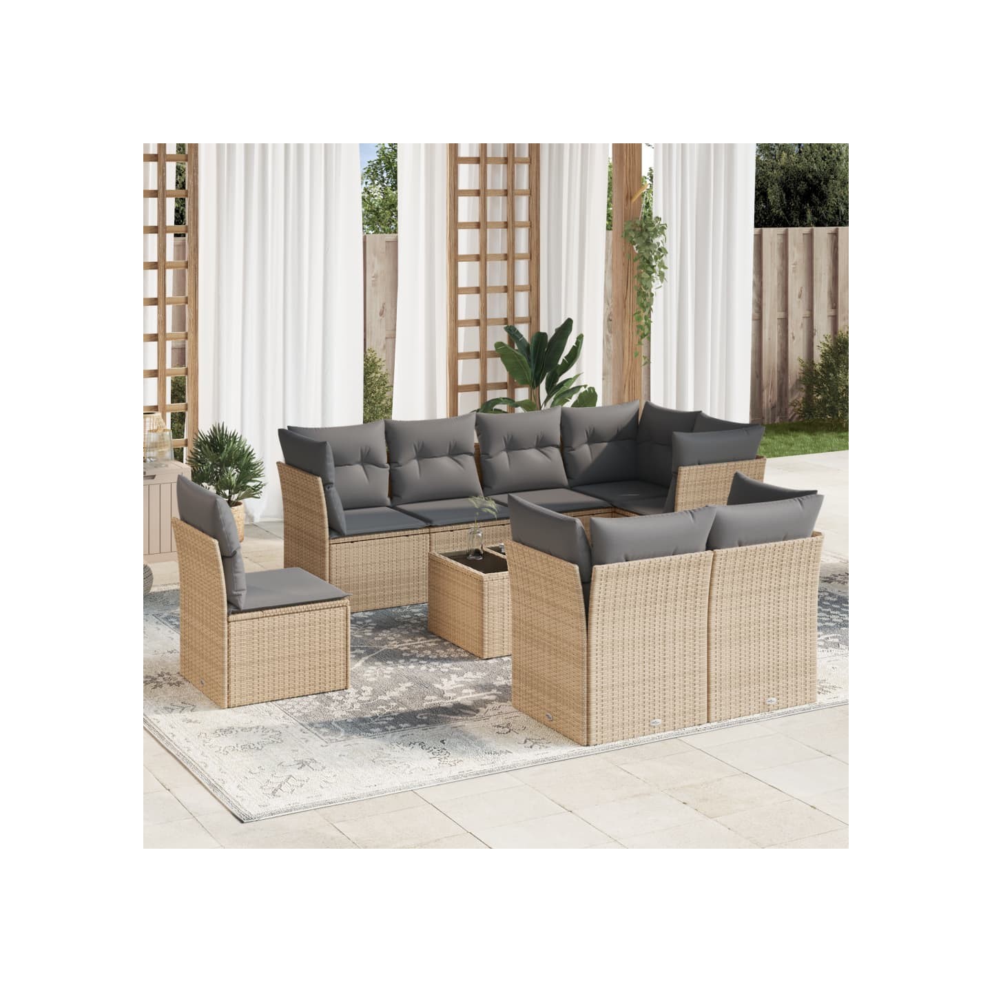 Salon de jardin avec coussins 9 pcs beige résine tressée