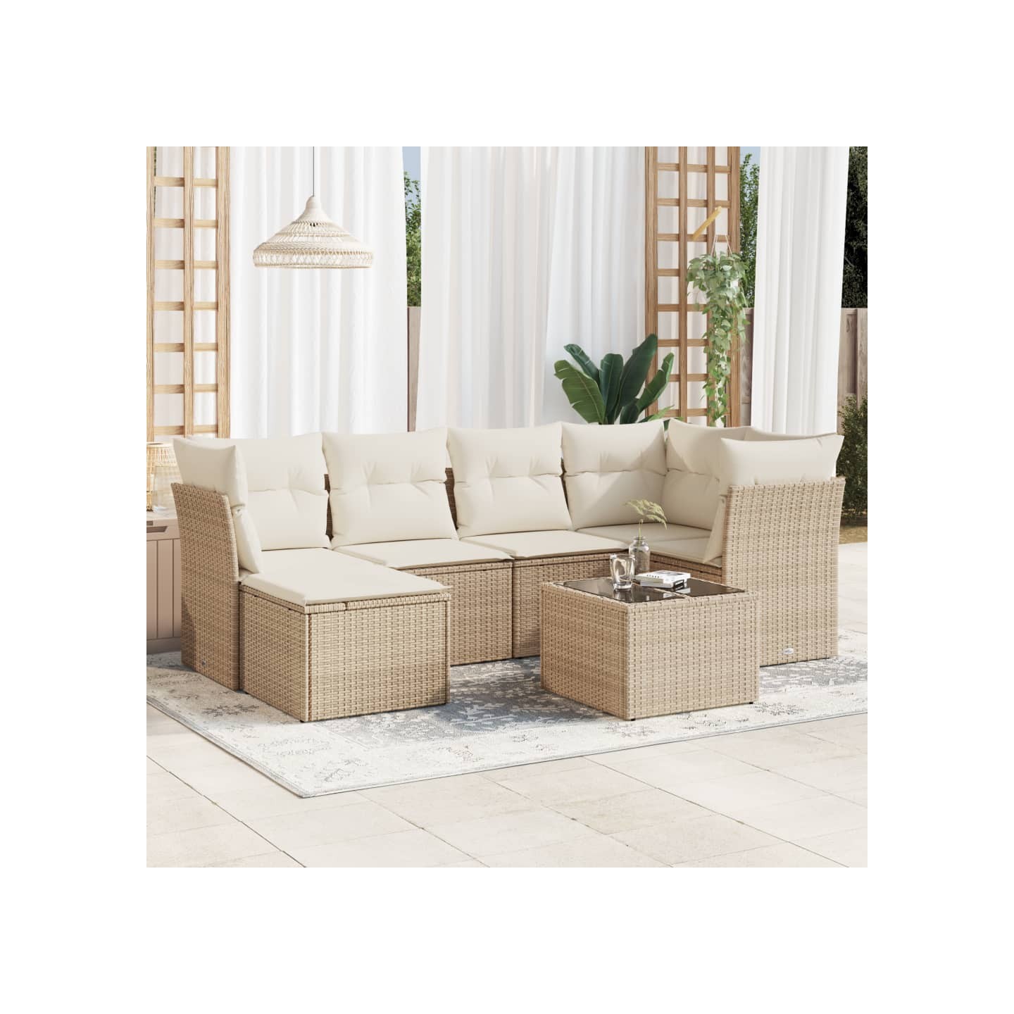Salon de jardin avec coussins 7 pcs beige résine tressée
