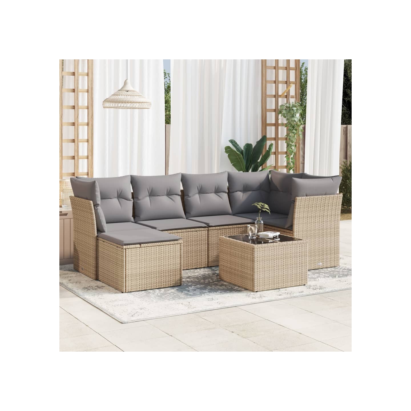 Salon de jardin avec coussins 7 pcs beige résine tressée