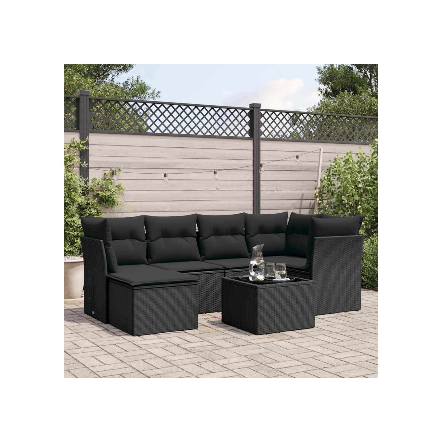 Salon de jardin 7 pcs avec coussins noir résine tressée