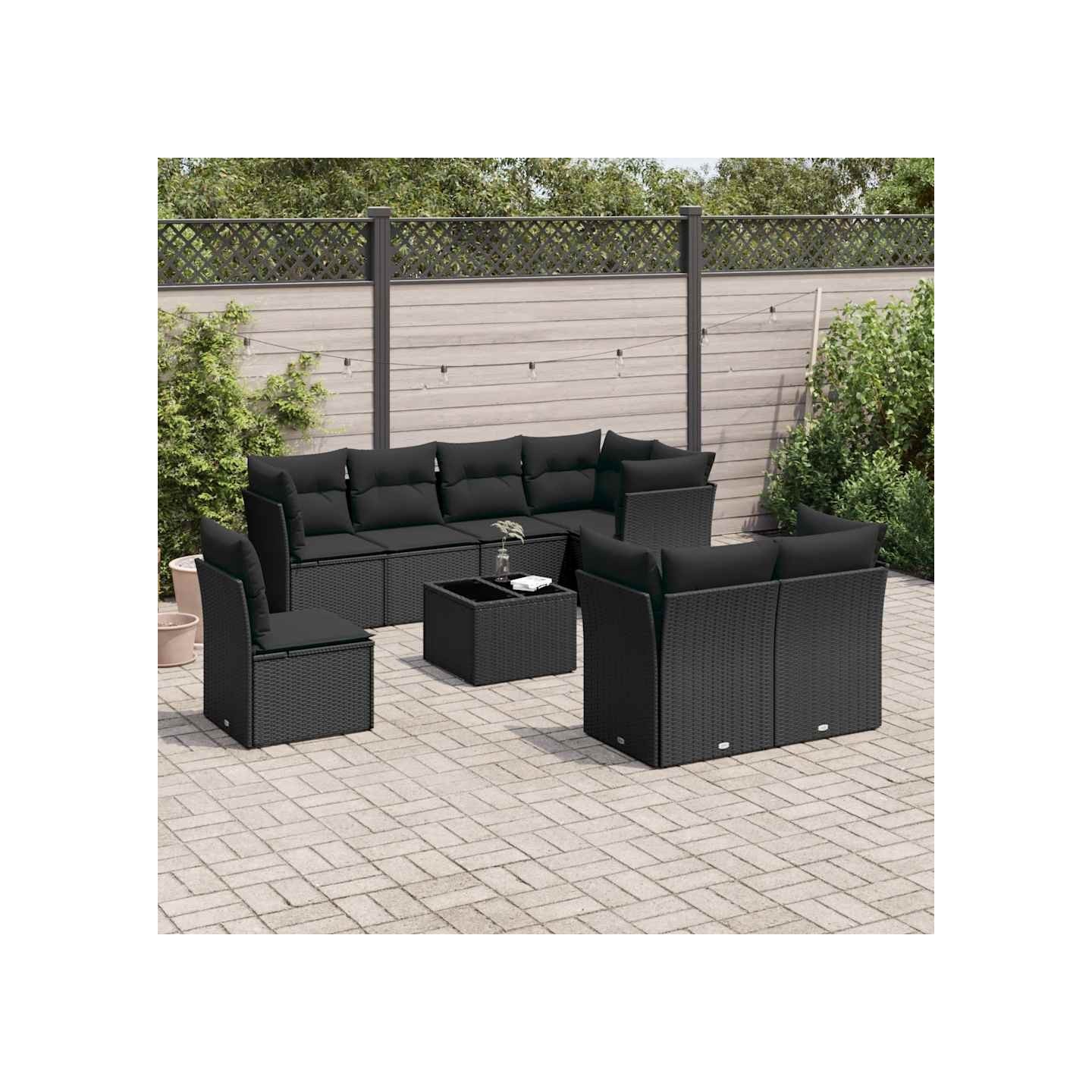 Salon de jardin 9 pcs avec coussins noir résine tressée