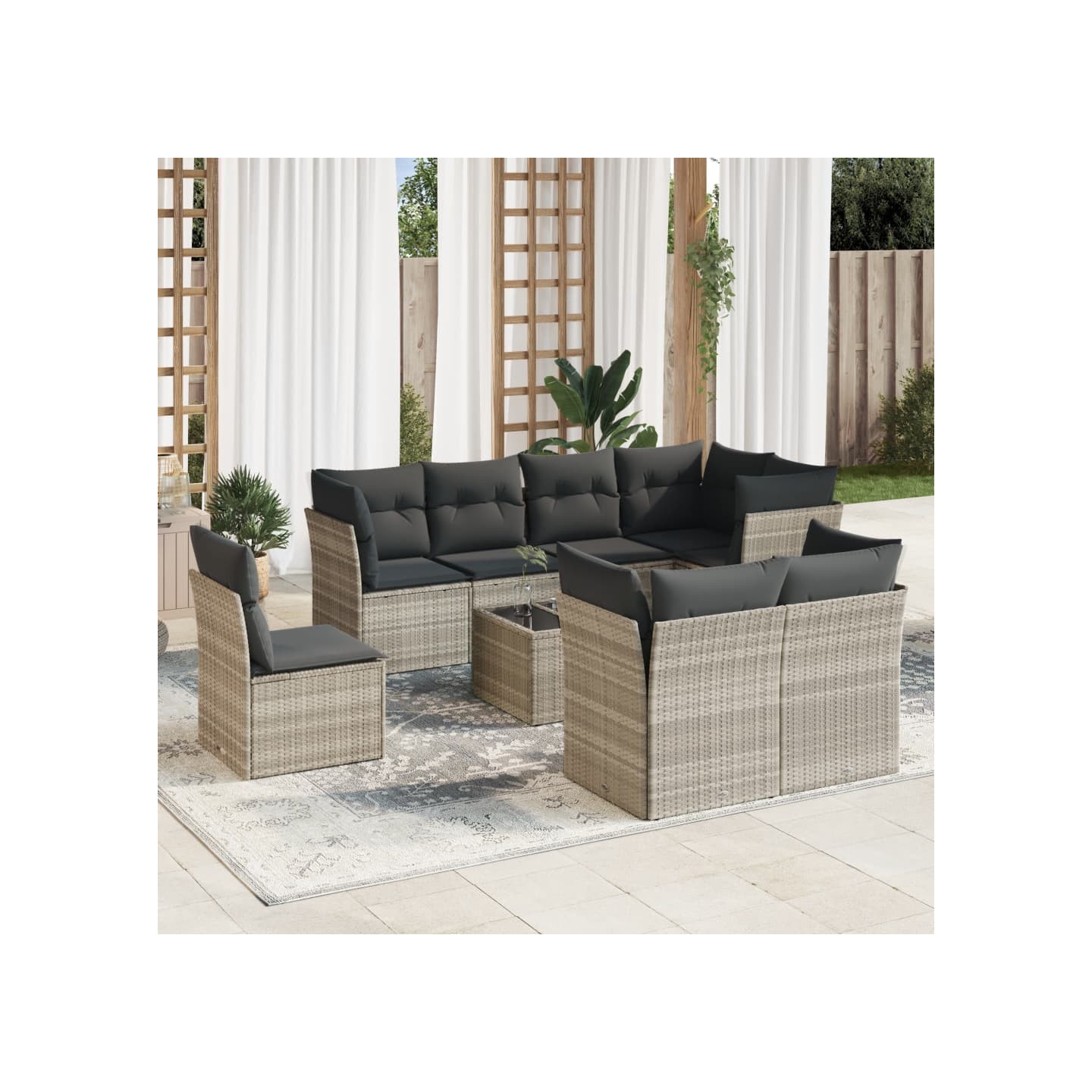 Salon de jardin 9 pcs avec coussins gris clair résine tressée