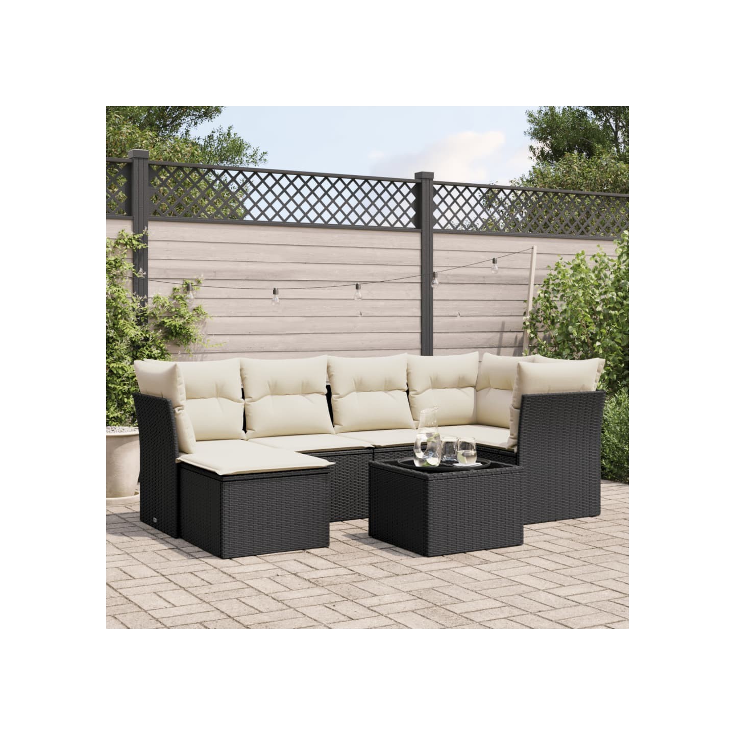 Salon de jardin 7 pcs avec coussins noir résine tressée