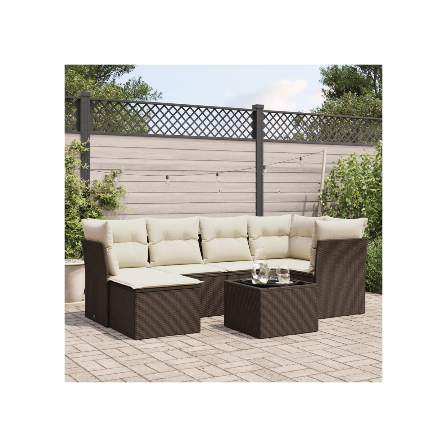 Salon de jardin avec coussins 7 pcs marron résine tressée