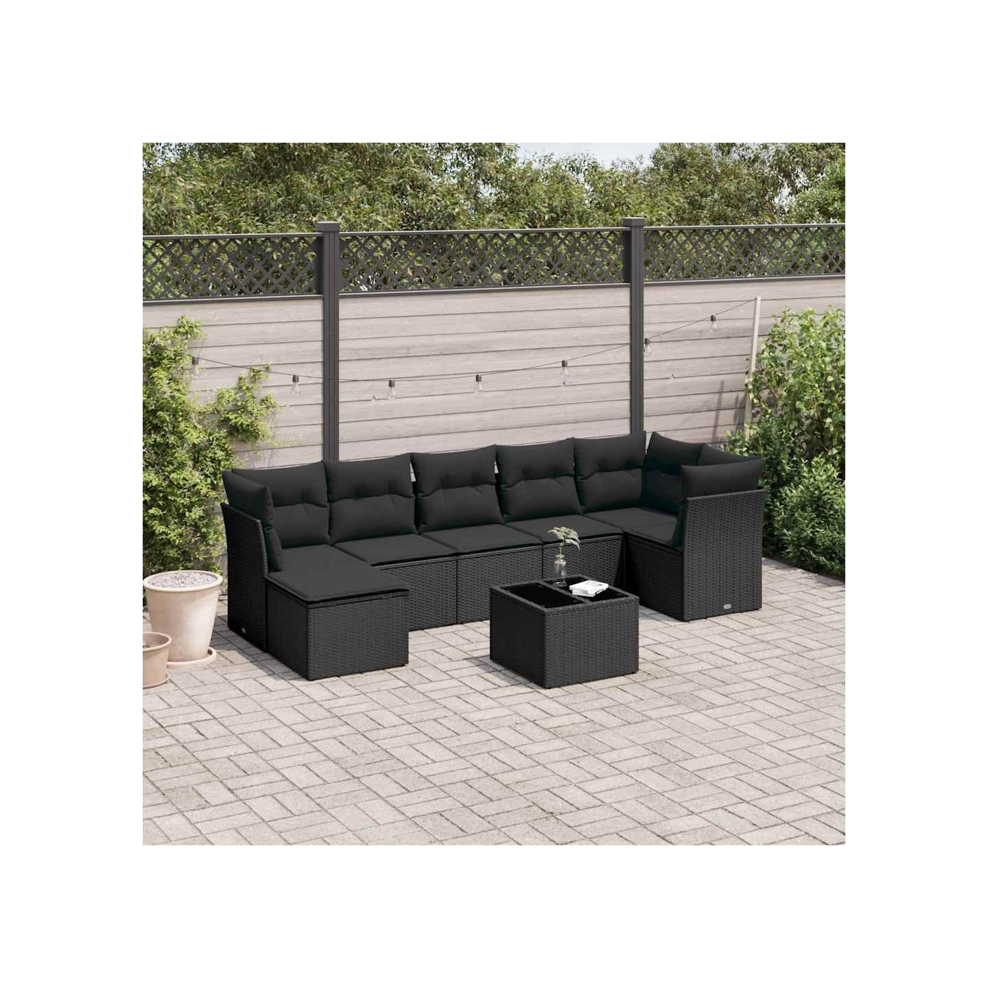 Salon de jardin 8 pcs avec coussins noir résine tressée