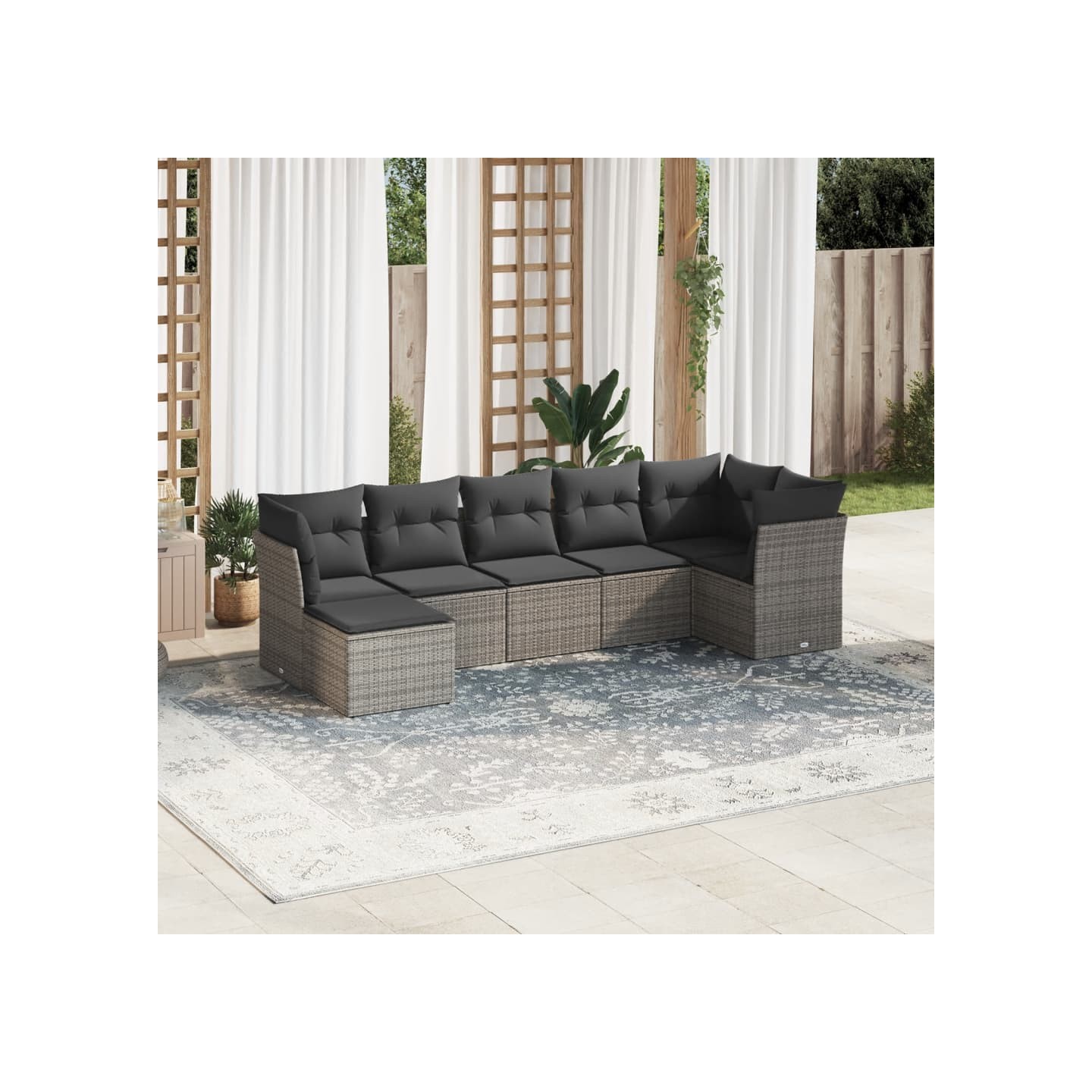 Salon de jardin avec coussins 7 pcs gris résine tressée