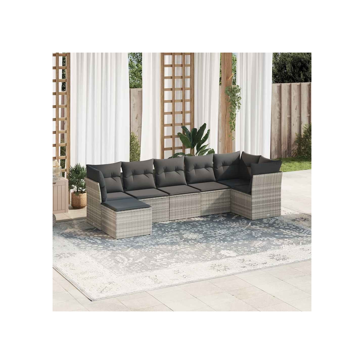 Salon de jardin avec coussins 7 pcs gris clair résine tressée