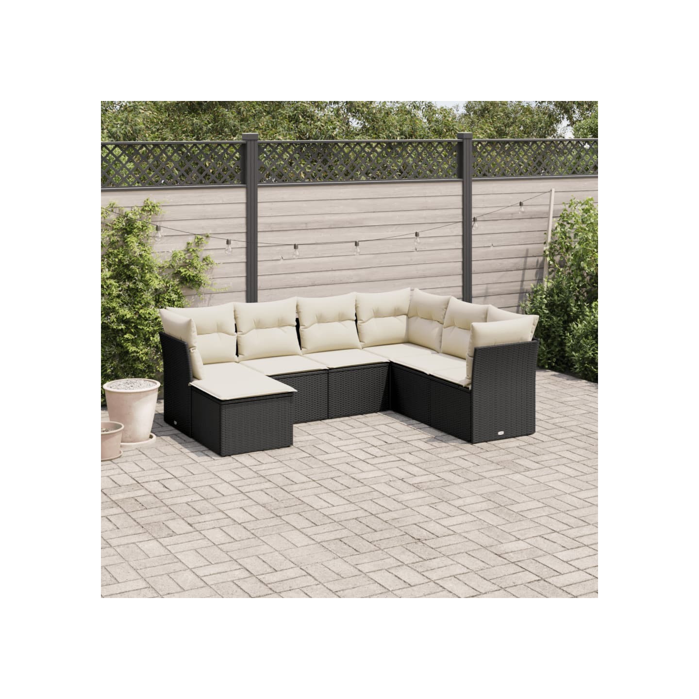 Salon de jardin 7 pcs avec coussins noir résine tressée
