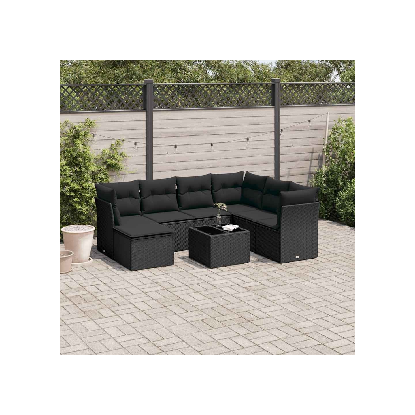 Salon de jardin 8 pcs avec coussins noir résine tressée