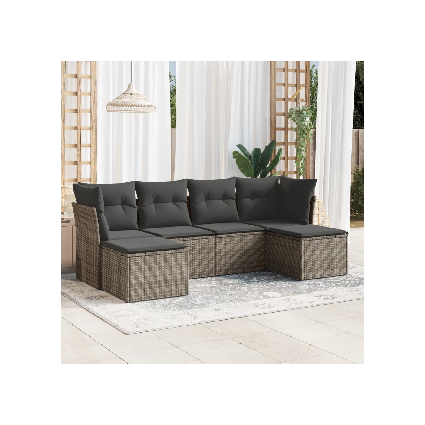 Salon de jardin 6 pcs avec coussins gris résine tressée