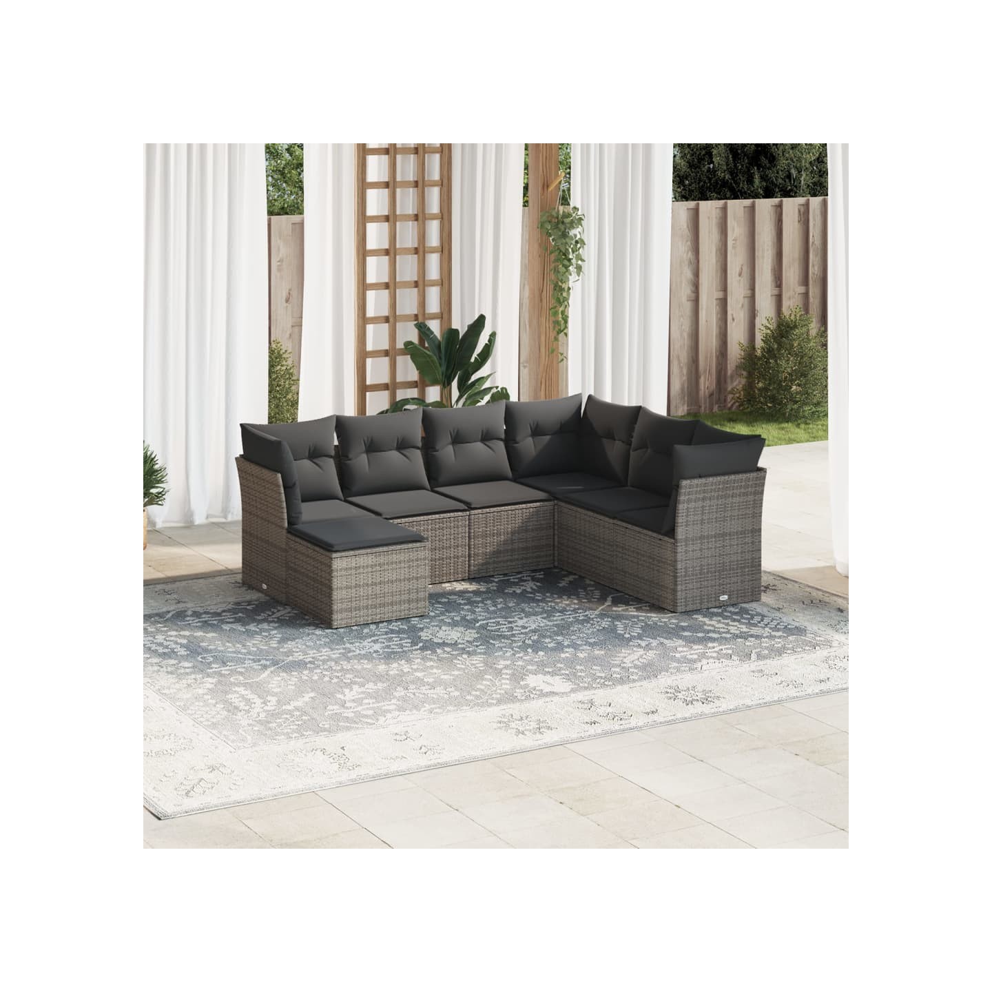 Salon de jardin avec coussins 7 pcs gris résine tressée