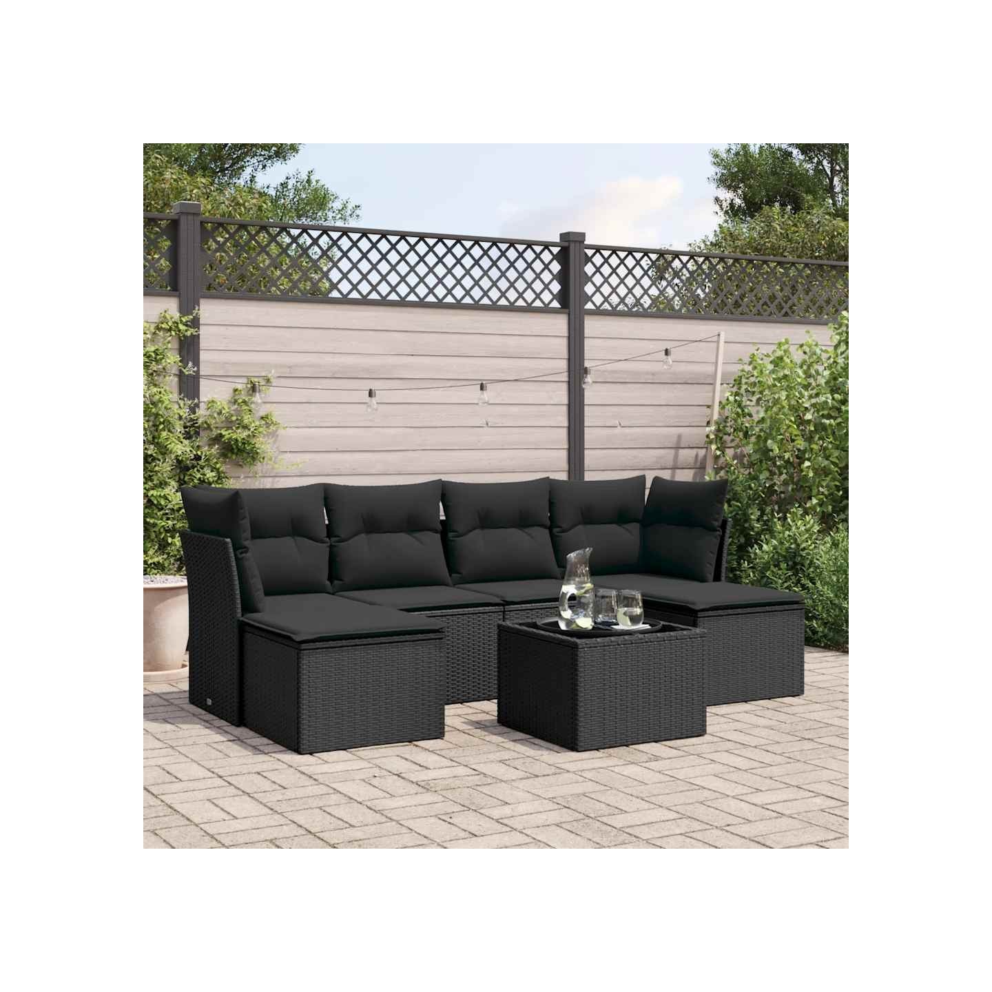 Salon de jardin 7 pcs avec coussins noir résine tressée