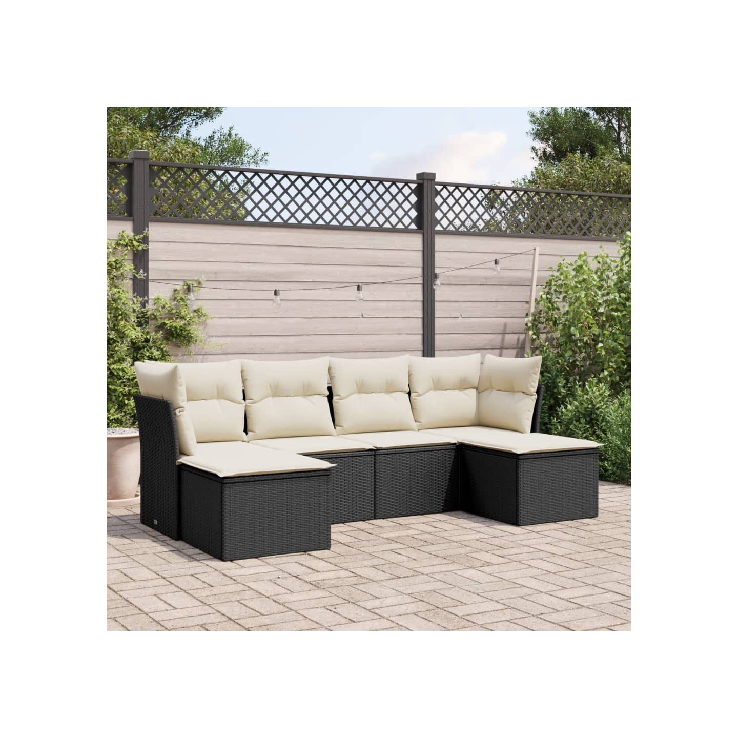 Salon de jardin 6 pcs avec coussins noir résine tressée